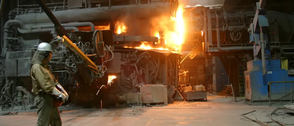 Operator carrying an industrial radio controller beside a hot industrial process