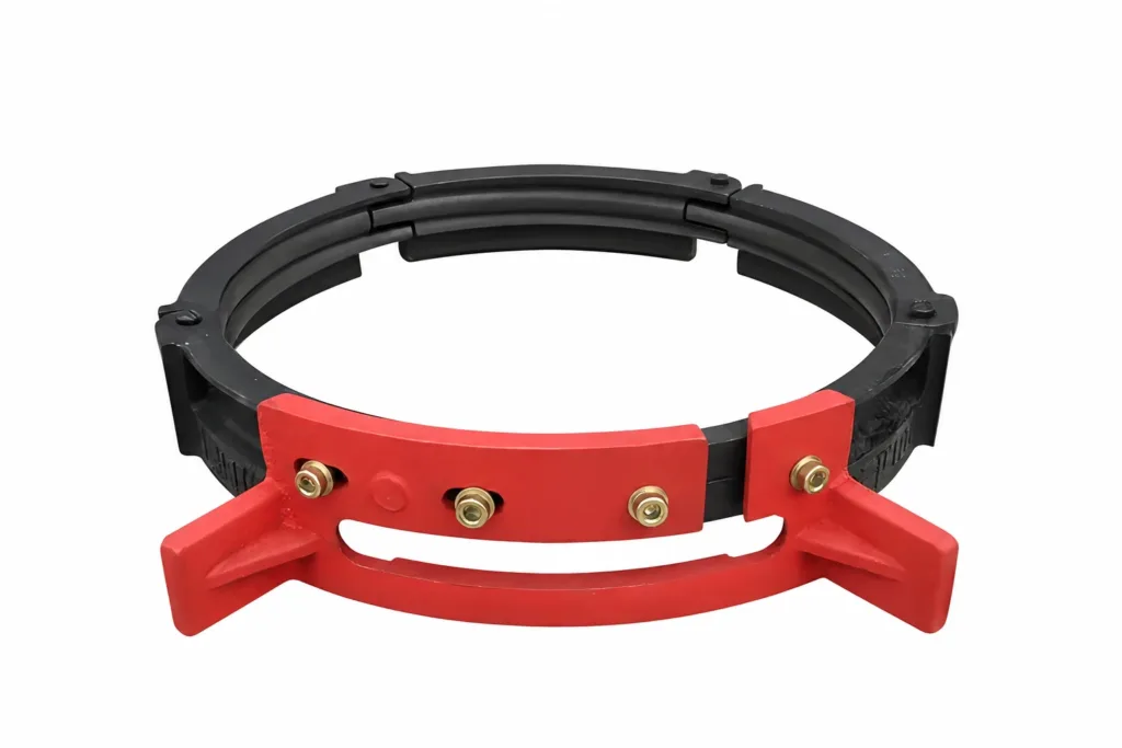 Ring-shaped rope guide with black segments and red connection pieces