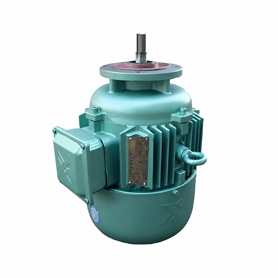 Separate teal trolley travel motor with shaft, flange and terminal box