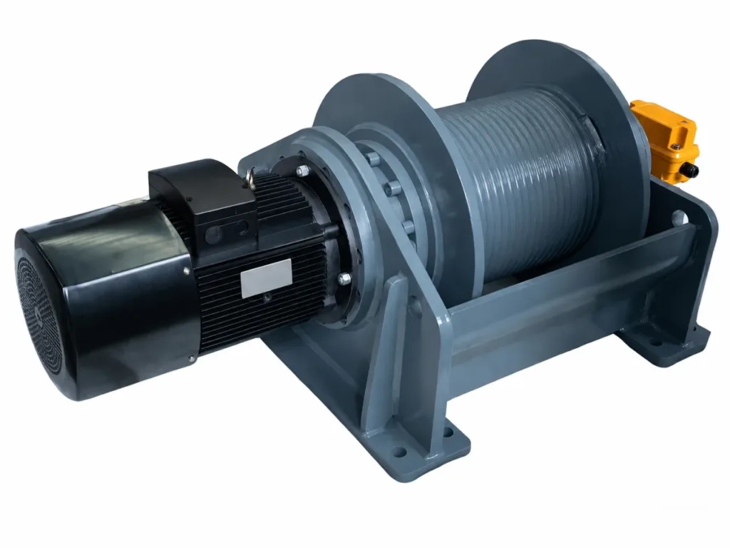 Compact electric winch photograph showing motor beside a grooved drum and base mounting feet