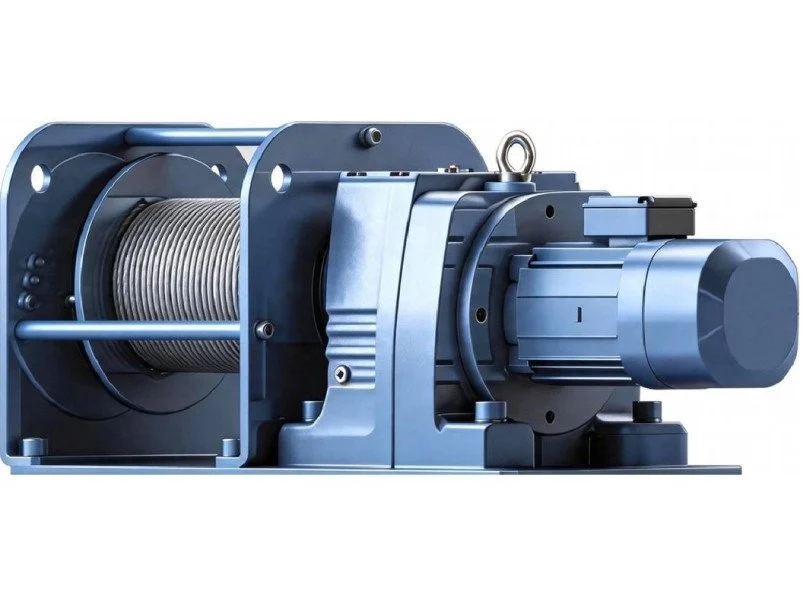 Compact blue geared electric winch equipment illustration with motor, rope drum and mounting feet