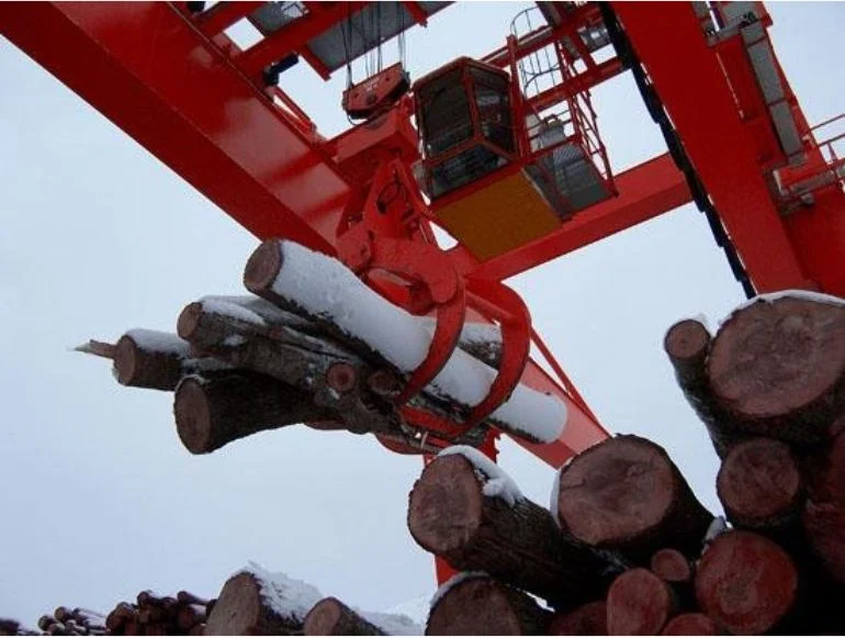 Timber grab holding a bundle of logs under a gantry crane