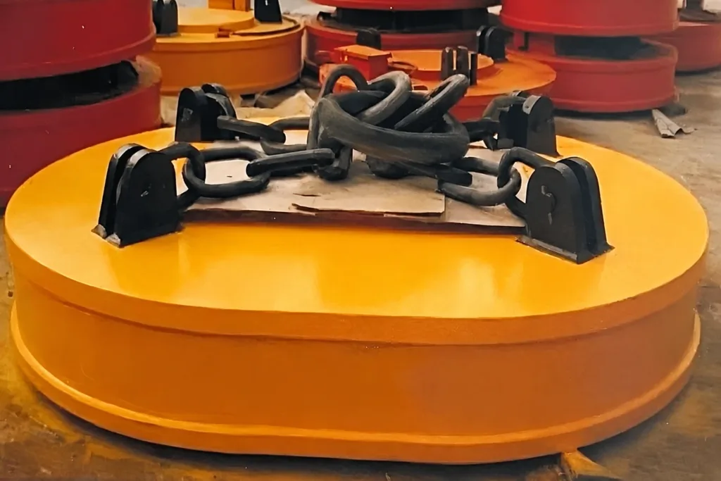 Yellow oval lifting electromagnet with chains in a workshop