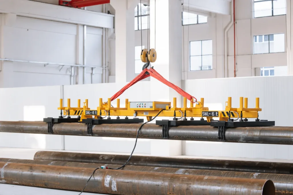 Magnetic lifting beam with shaped contact supports over a steel pipe