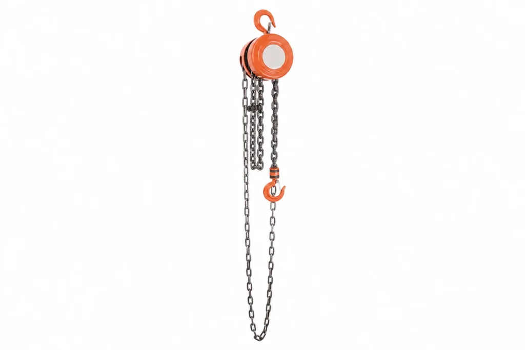 Orange hand-chain hoist with top and bottom hooks, thick load chain and a longer hand-chain loop
