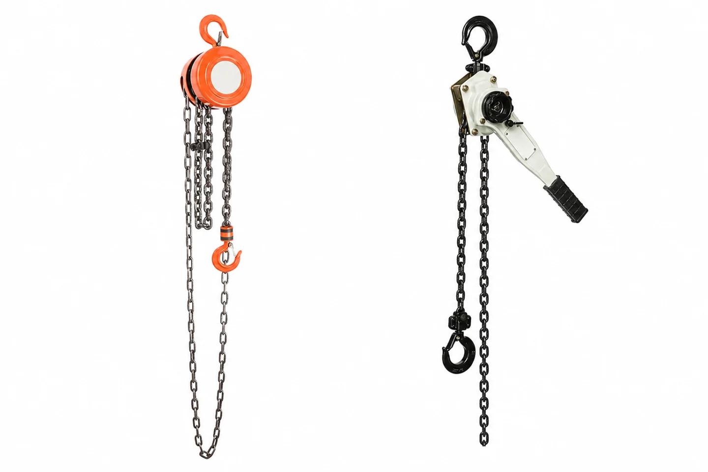 Hand-chain hoist and lever hoist shown side by side as separate equipment examples