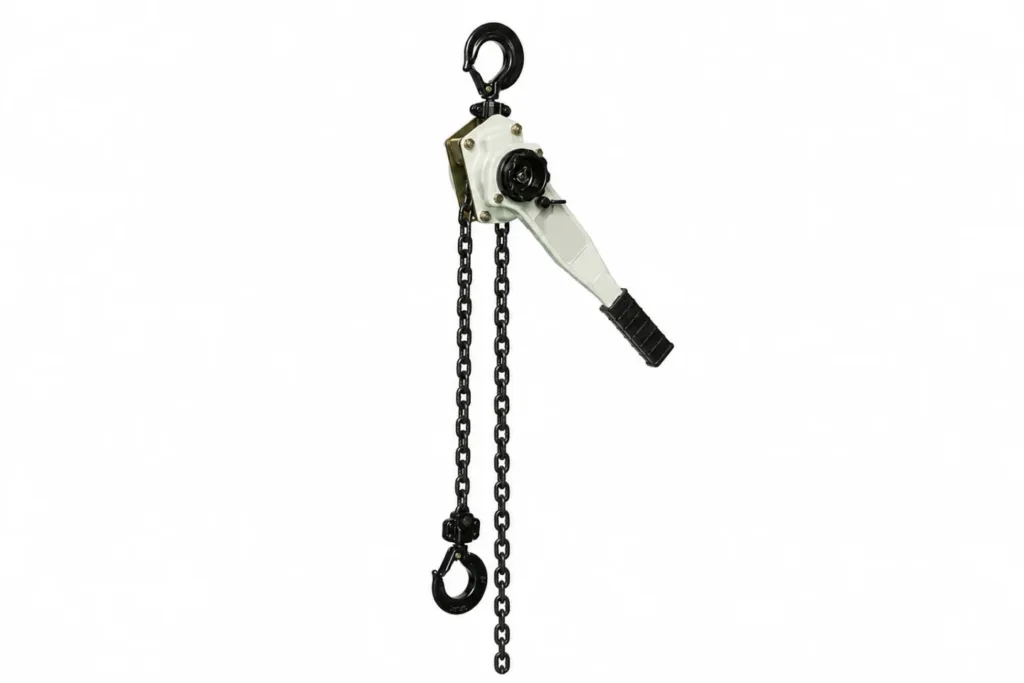 Lever hoist with top and load hooks, short operating handle, hand wheel and load chain
