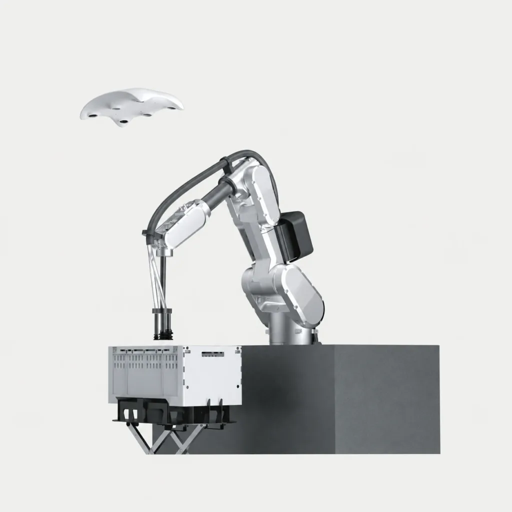 Product illustration of a fixed robotic picking arm, suction gripper and tote station