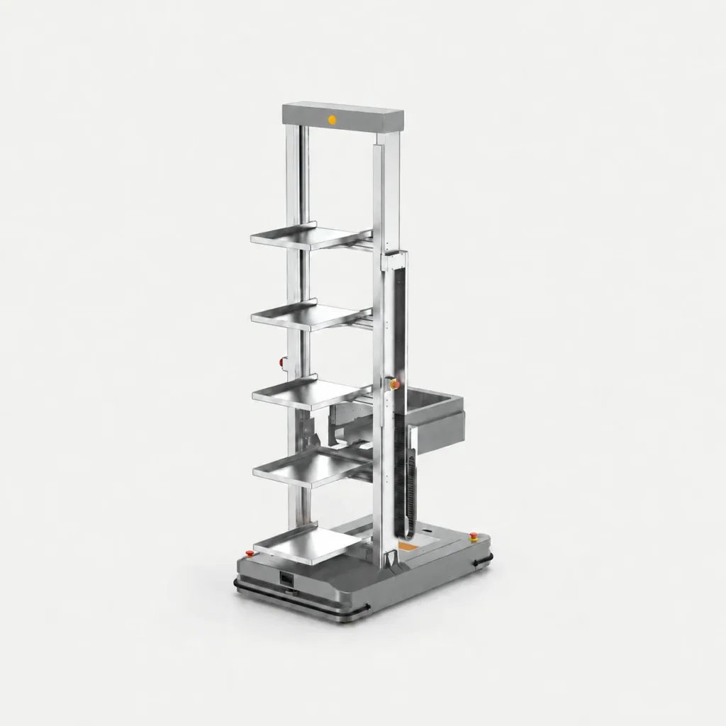 Product illustration of a mobile tote-handling robot with multiple trays