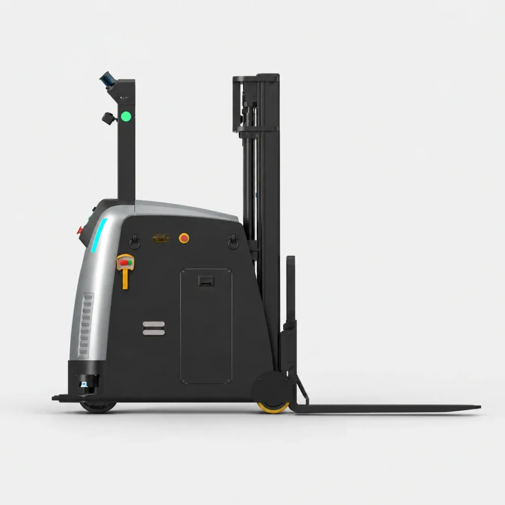 Side view of an autonomous counterbalance forklift with projecting forks and no front support legs