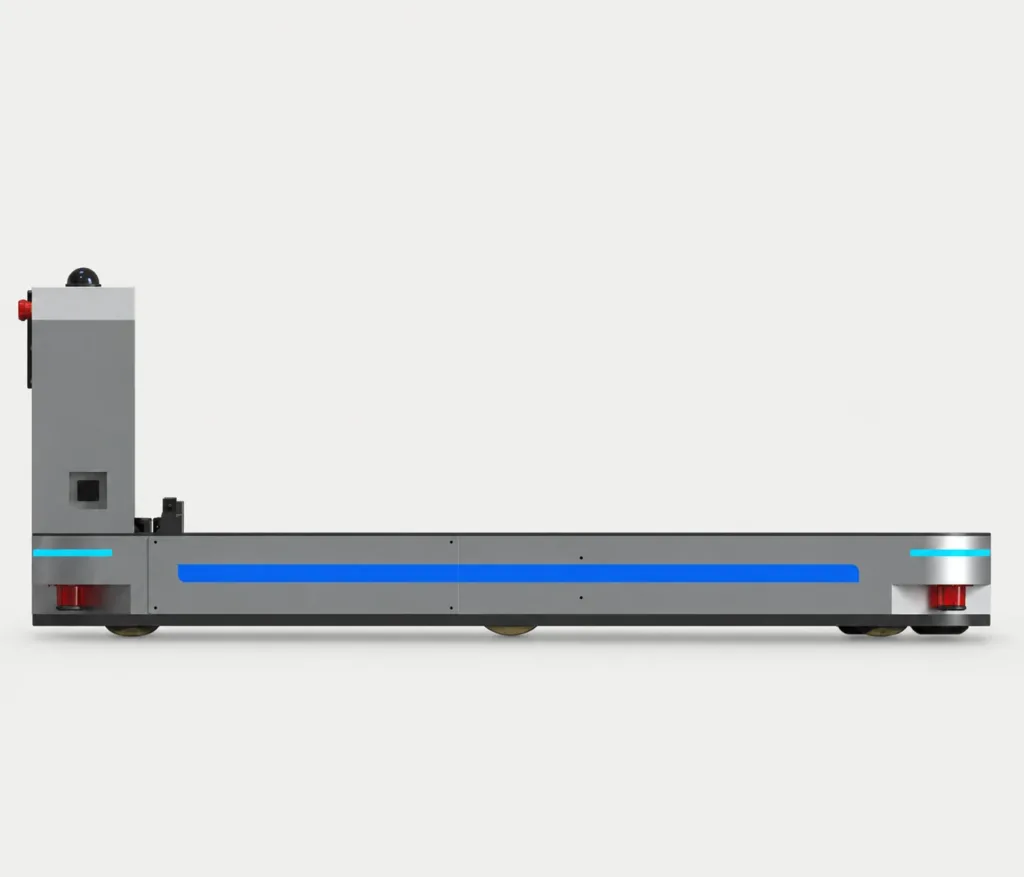 Side view of a low-lift autonomous pallet truck with long forks