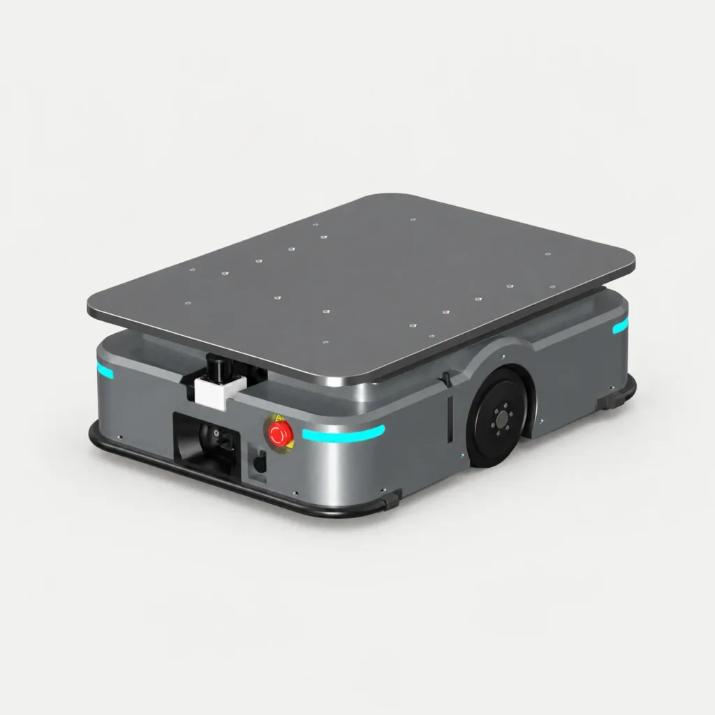 Grey lifting AMR with its raised load platform, shown as a product rendering