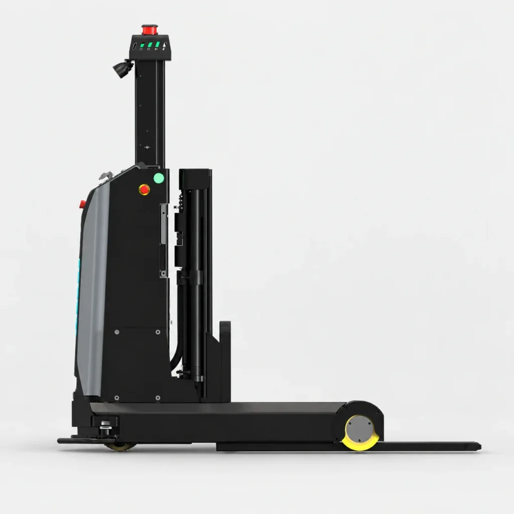 Side view of an autonomous reach truck showing its mast and front support legs