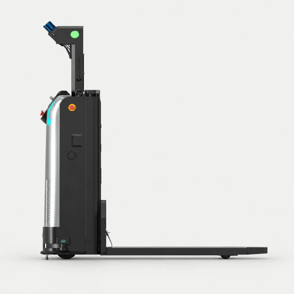 Side view of an autonomous stacker with mast and support legs