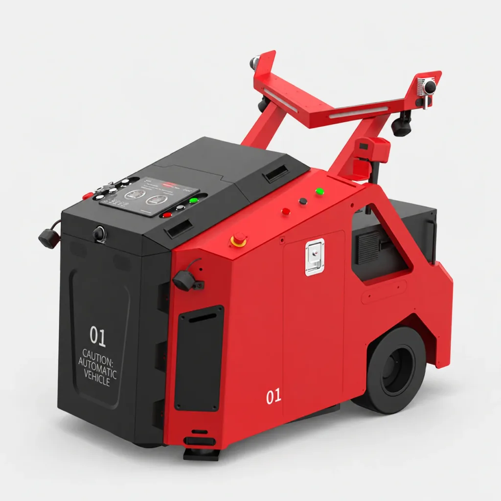 Red and black autonomous tow tractor, shown as a product rendering