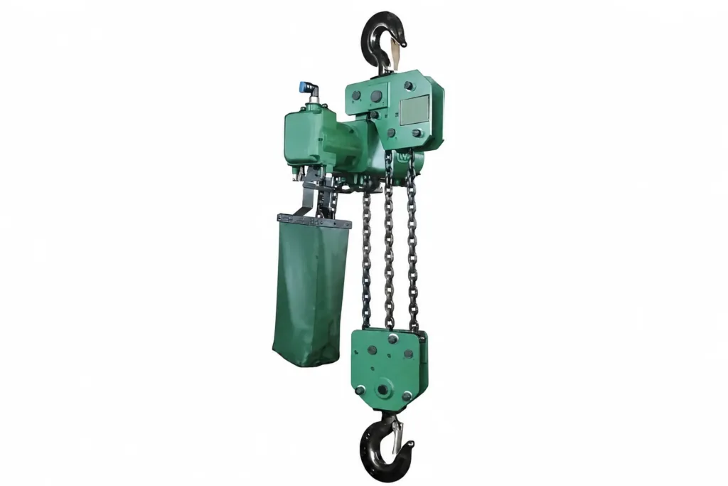 Hook-suspended green pneumatic chain hoist with air motor, load chains, lower hook and chain container