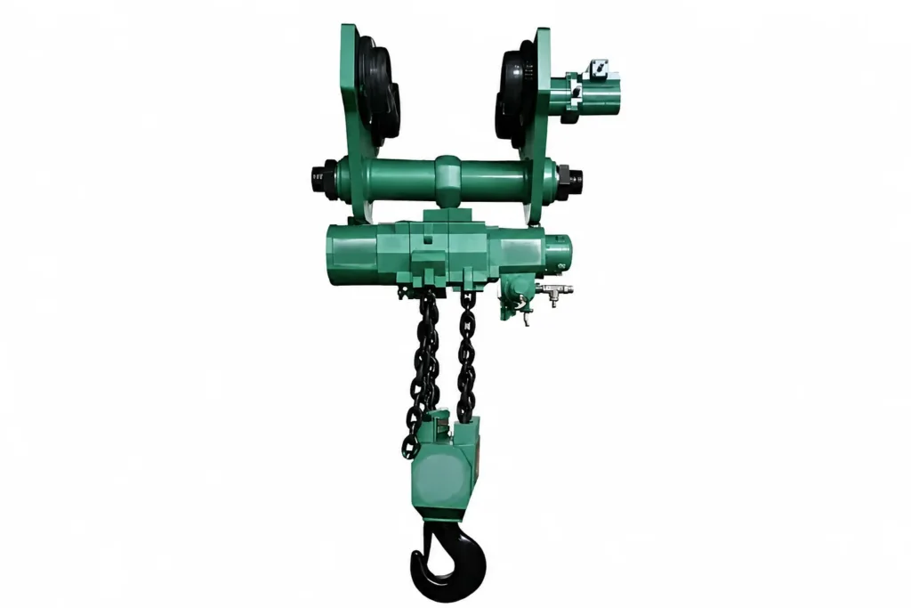 Green pneumatic chain hoist mounted beneath a wheeled beam trolley, with load chain and lower hook