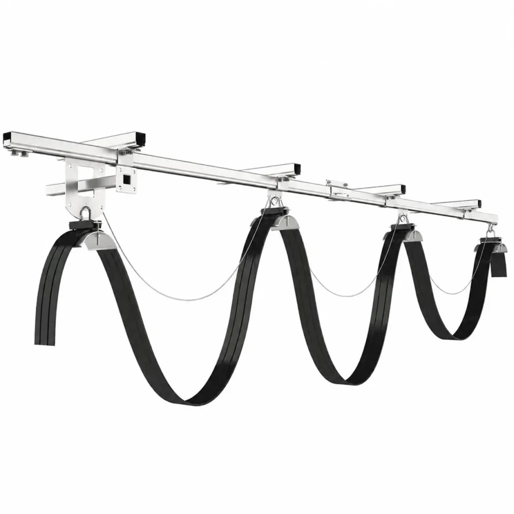 C-track cable trolleys carrying loops of flat cable