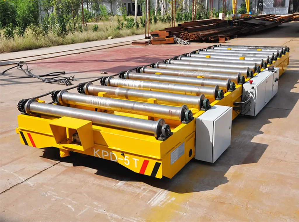 Yellow rail transfer cart with roller deck and side electrical enclosures