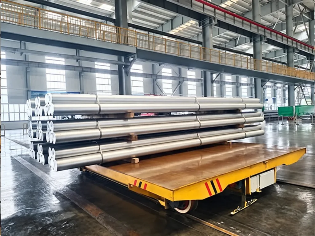Long bundled metal stock supported on a yellow rail transfer cart