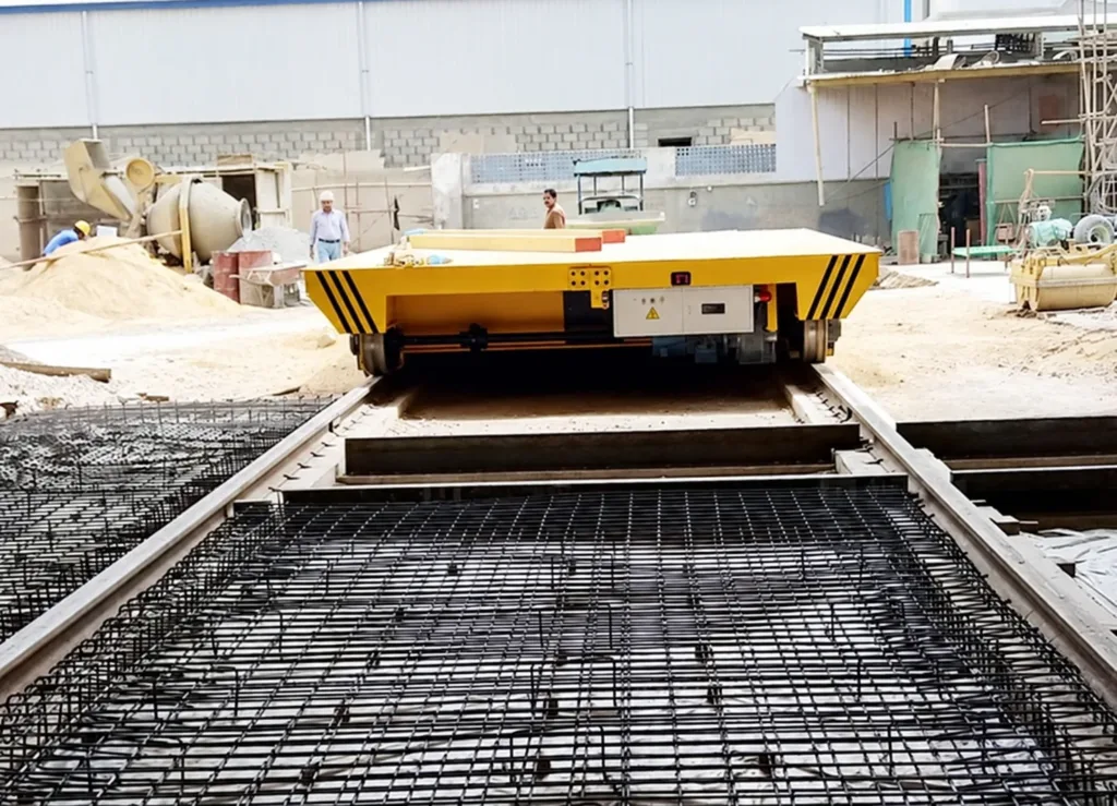 Rail cart over rails and reinforcement during track foundation works