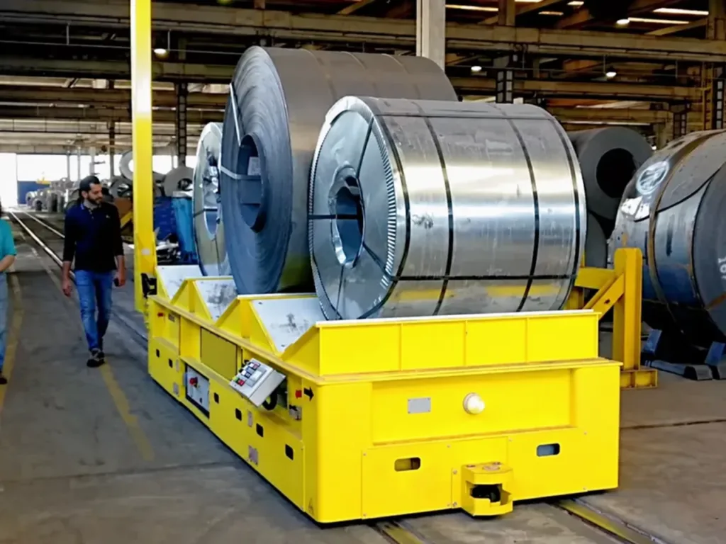 Steel coils resting in shaped supports on a yellow rail-guided coil car