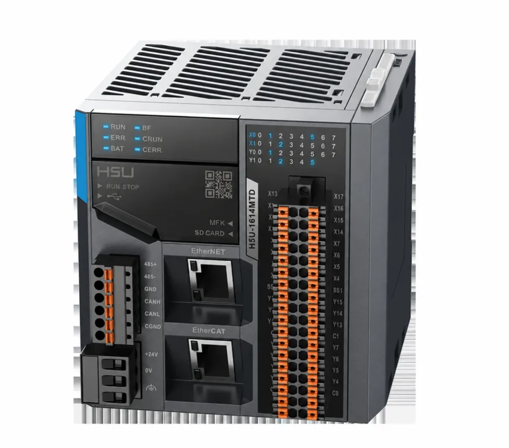 Compact H5U PLC with status indicators, I/O terminals and labelled Ethernet and EtherCAT ports