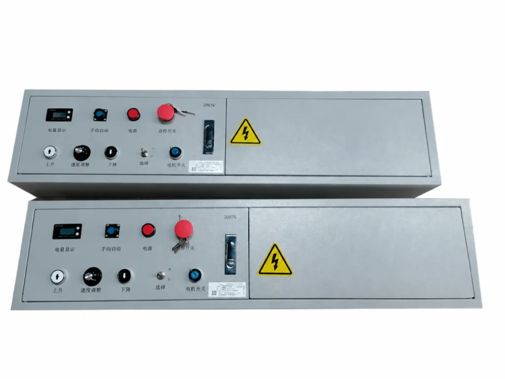 Two local electrical control boxes with physical switches, indicators, key controls and electrical hazard labels