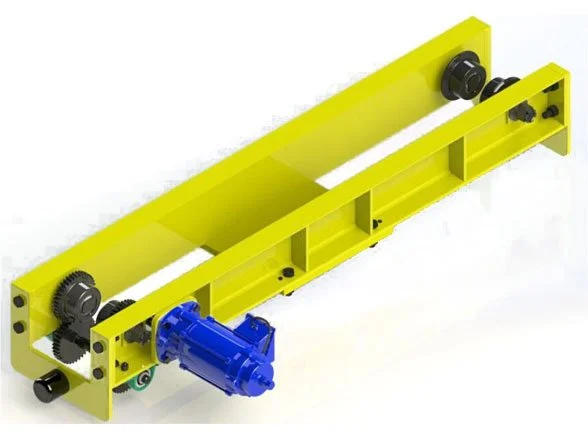 Underhung end carriage with paired wheels and a geared travel motor