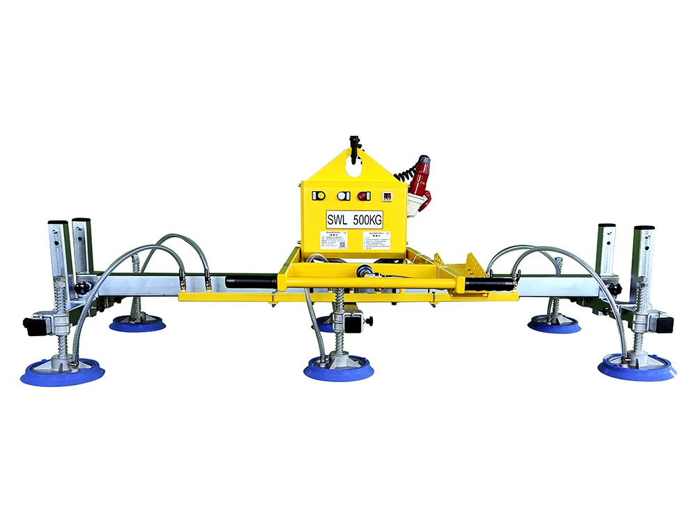 Hoist-mounted vacuum sheet lifter with adjustable crossbars and six suction pads