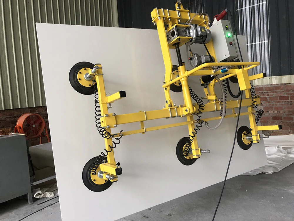 Powered vacuum panel lifter holding a slab upright