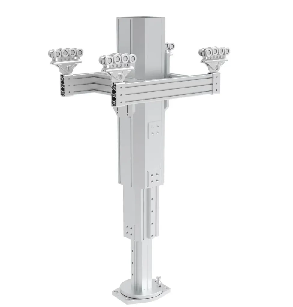 Telescopic torque-reaction arm with paired track trolleys