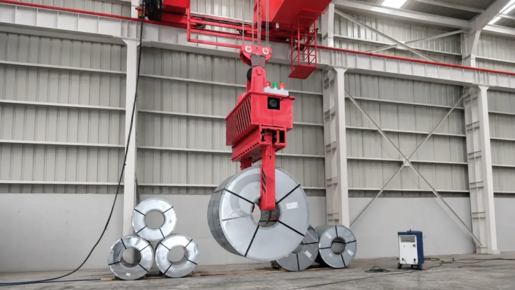 Steel coils staged beneath an overhead crane and coil-lifting attachment