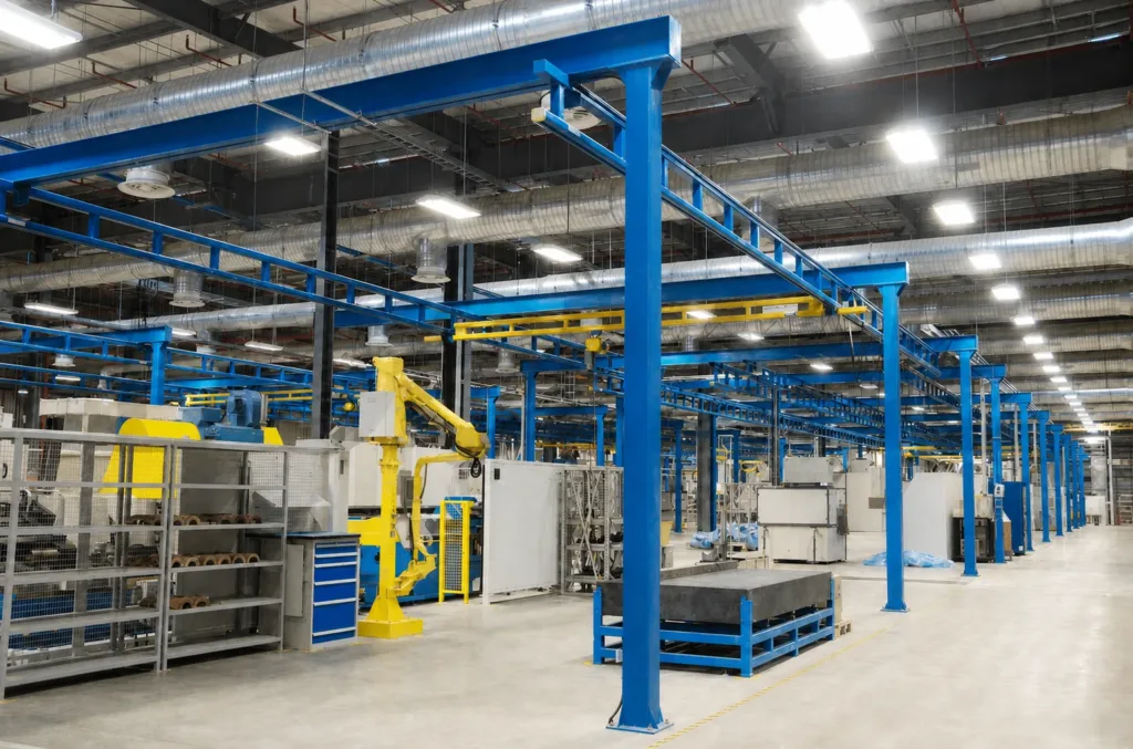 Workstation crane carried by a freestanding support frame