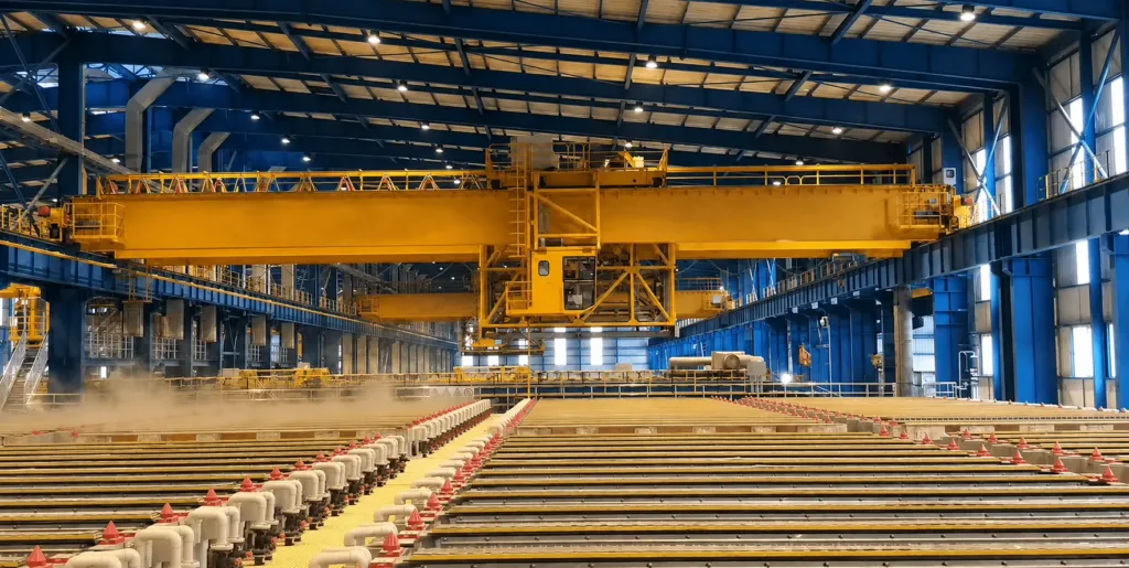 Yellow process crane above rows of cells in a copper electrolysis hall