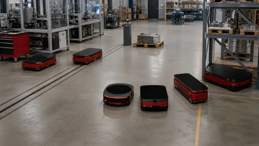 Autonomous material-flow vehicles moving among storage and production stations