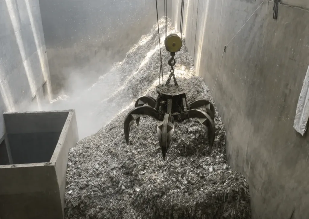 Orange-peel grab above mixed material in a concrete waste bunker