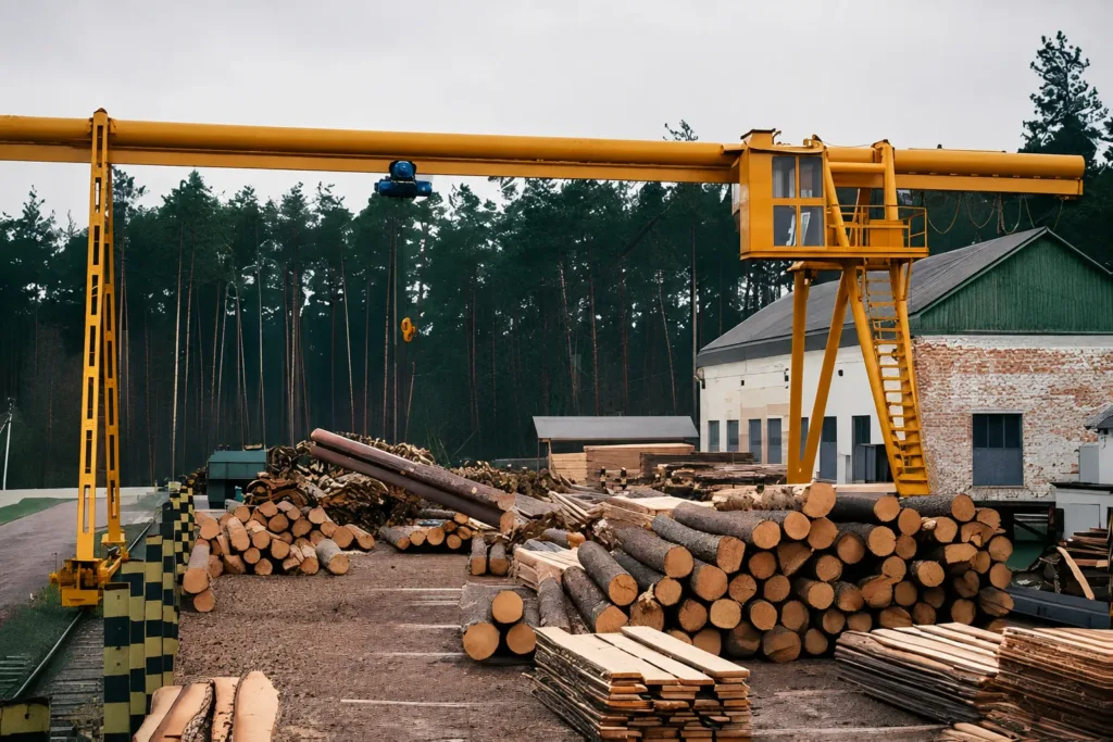Yellow gantry crane above stacked logs in an outdoor timber yard