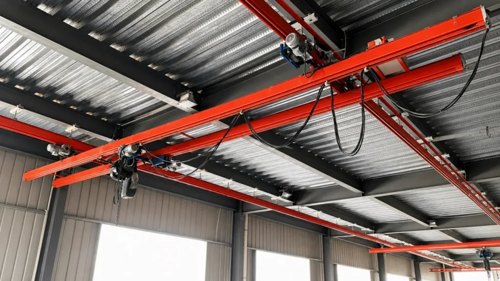 Modular workstation crane tracks, bridge, hoist and roof suspension points
